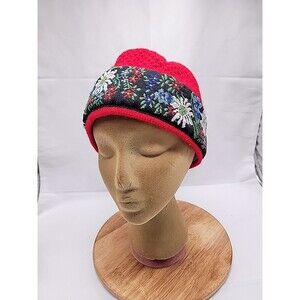 Vintage 80's 100% Wool Hat By Poppy Gall Red Knit Embroidered Floral Adjustable